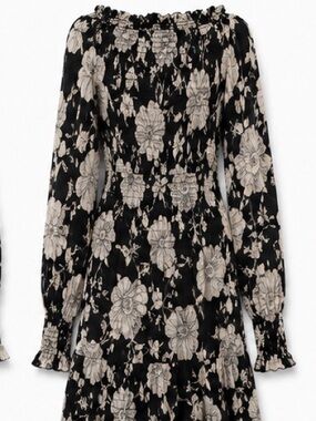 INTERMIX Black Ivory Floral Smocked Dress Made in NY Size S Off Shoulder